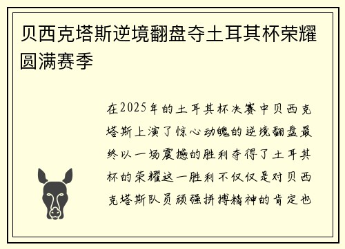 贝西克塔斯逆境翻盘夺土耳其杯荣耀圆满赛季